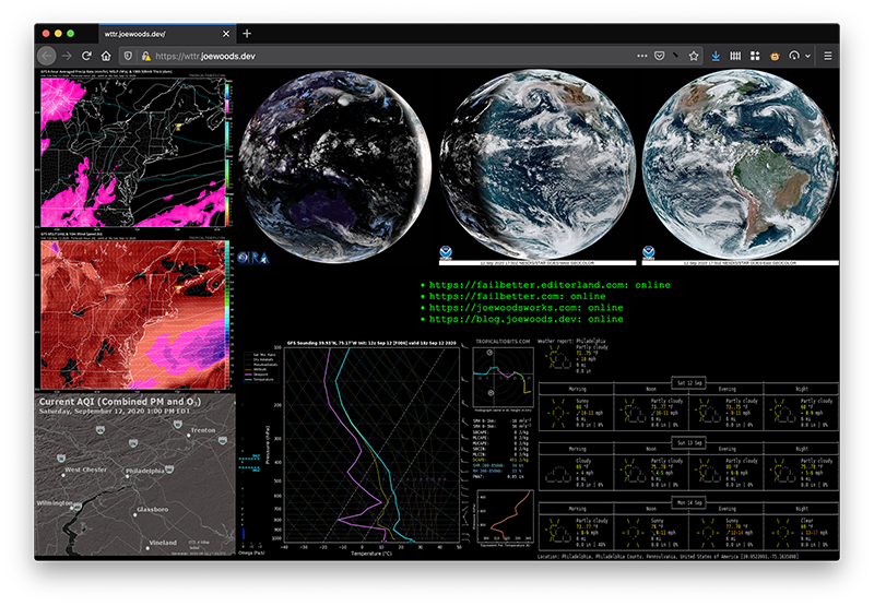 Screenshot of a dashboard displaying multiple widgets representing certain factors about the atmosphere, including but not limited to satellite images from multiple angles, and air quality, and temperature. Most widgets on the dashboard have been filtered to cause the text in the widget to appear as light text on a dark background, creating a unified 'moody hacker' aesthetic.